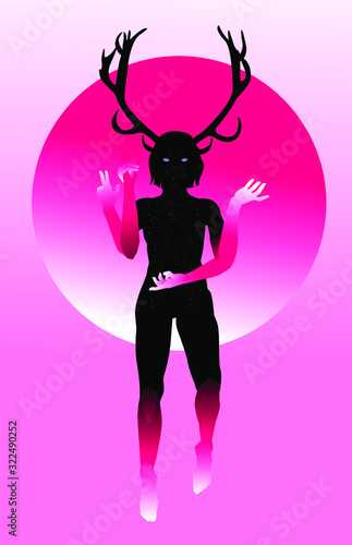 Wendigo Goddess, mythological creature with antlers and many hands. Conceptual illustration of Chthonic deity or spirit of underworld.