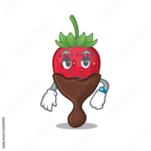 cartoon character design of chocolate strawberry on a waiting gesture