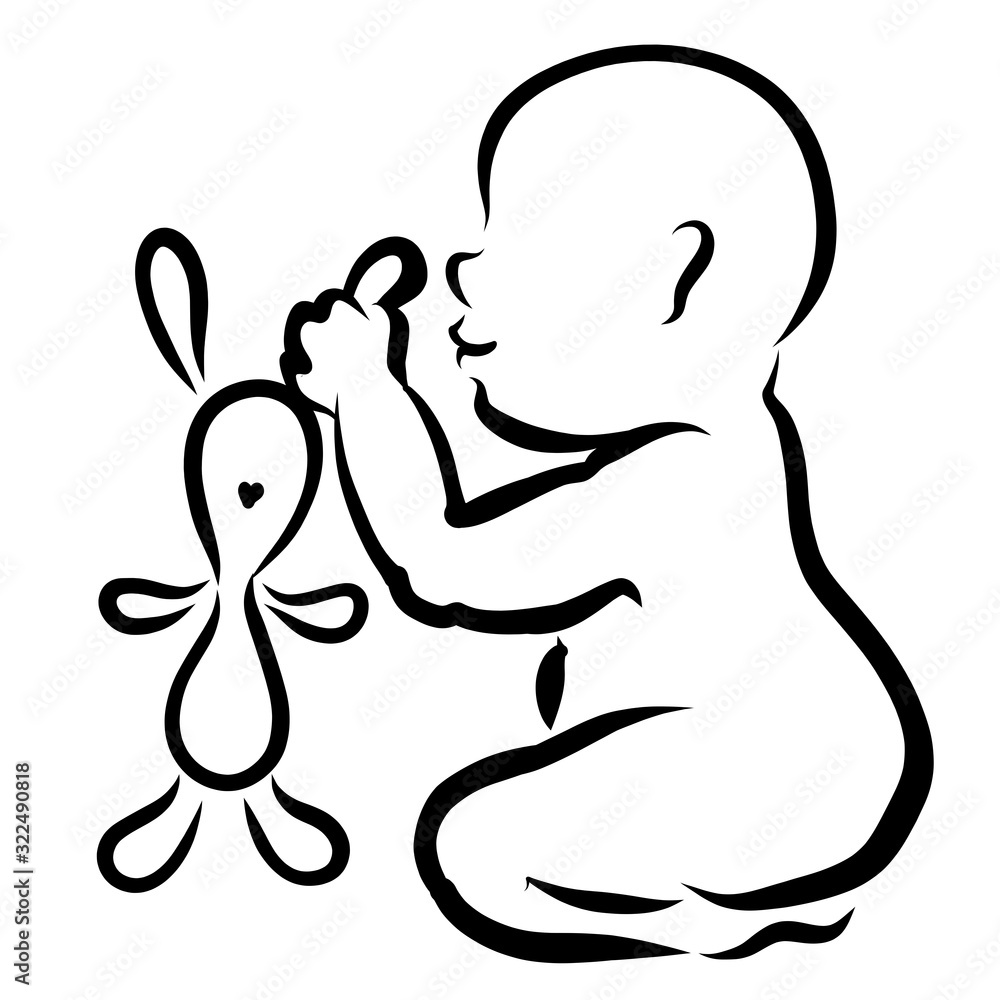 Plakat baby holds a teddy hare by the ear