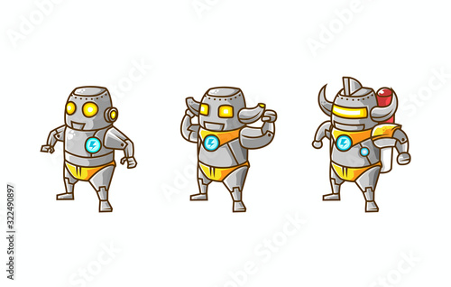 set of isometric illustration of robot character evolution, from basic, intermediate and advance mode vector