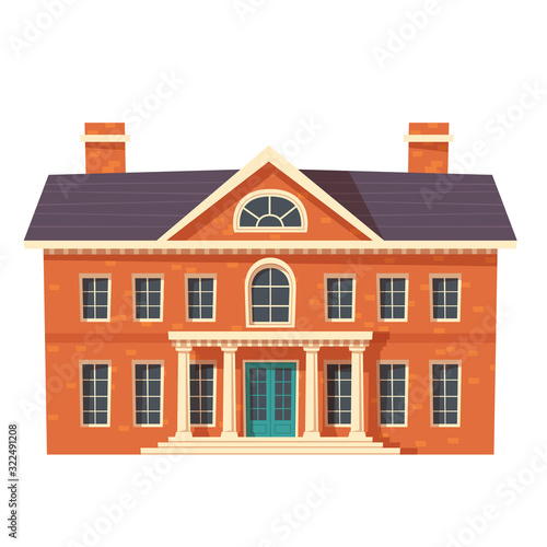Urban retro colonial style building cartoon vector illustration. Old residential or government building, Victorian house isolated on white background