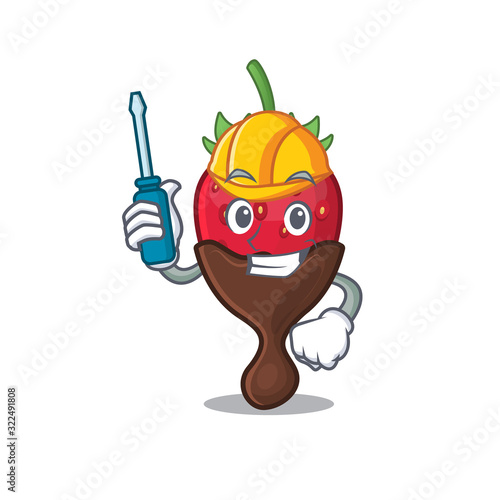 cartoon character style chocolate strawberry working as an automotive