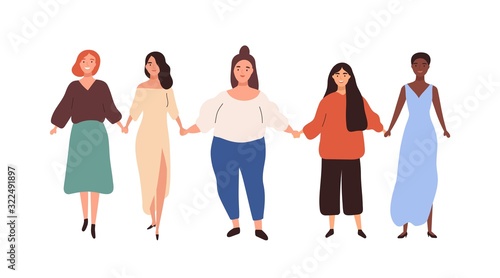 Group of diverse different heigh and weigh woman holding hand vector flat illustration. Happy girl union of feminists standing together isolated on white. Colorful female friend enjoying sisterhood photo