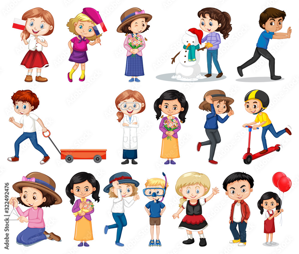 Large set of boys and girls doing different activity on white background Large set of boys and girls doing different activity on white background