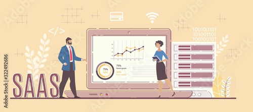 Software Service Business Model for Project Analysis. Man and Woman Standing Front of Digital Monitor with Data Statistic Graphic Discussing Results. SAAS Capital Letters. Vector Illustration