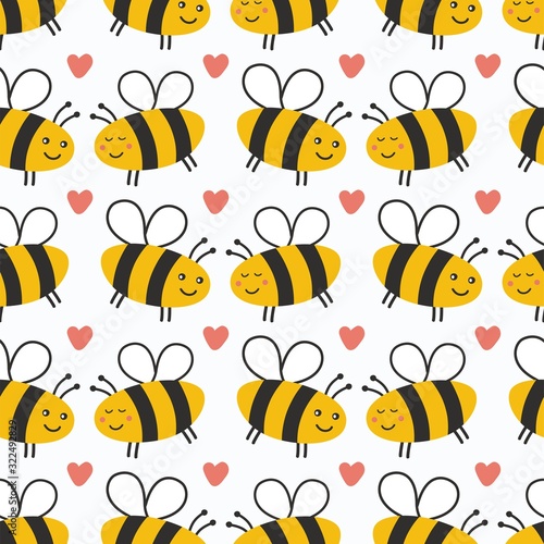 Cute Bee love seamless pattern. Vector illustration.