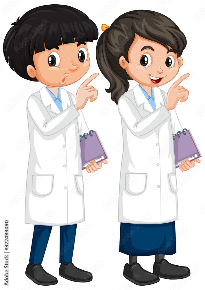 Boy and girl in science gown standing on white background Boy and girl in science gown standing on white background