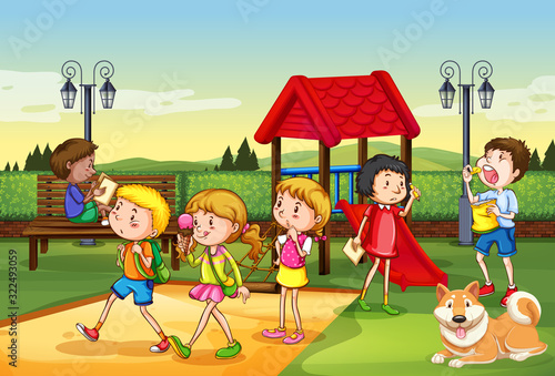 Scene with many children playing in the playground