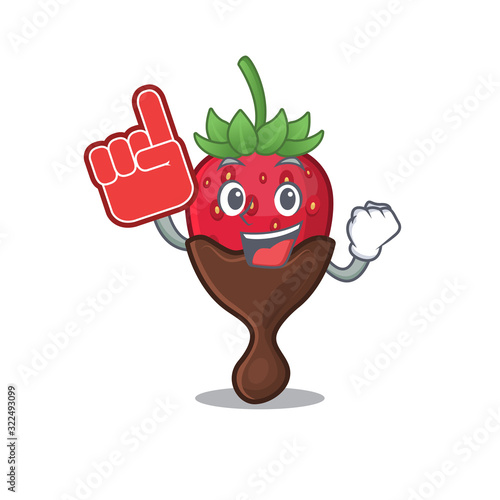 A picture of chocolate strawberry mascot cartoon design holding a Foam finger