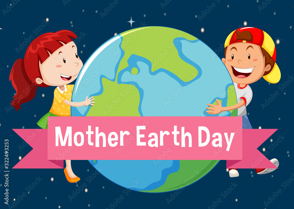 Fototapeta premium Poster design for mother earth day with two kids hugging it