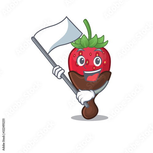 Funny chocolate strawberry cartoon character style holding a standing flag