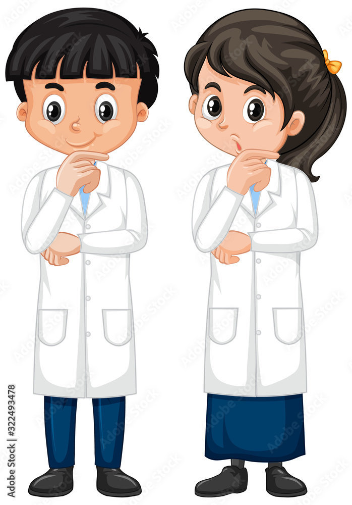 Boy and girl in science gown standing on white background Boy and girl in science gown standing on white background