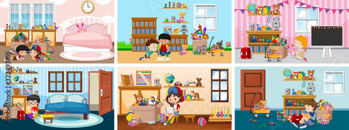 Six scenes with children doing activities in different rooms
