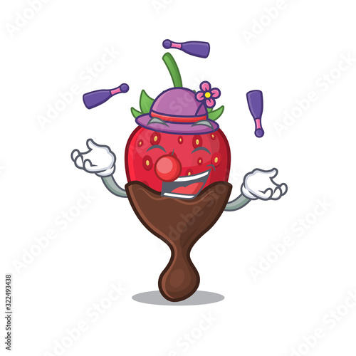 a lively chocolate strawberry cartoon character design playing Juggling
