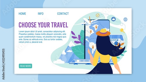 Travel Application for Mobile Phone. Selection Tour Menu. Travelling by Bus, Train, Airplane. Booking Tickets and Cruise Service. Woman Choosing Rout. Landing Page Trendy Design. Vector Illustration