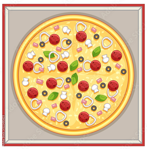 Box of pizza with meat and vegetables toppings
