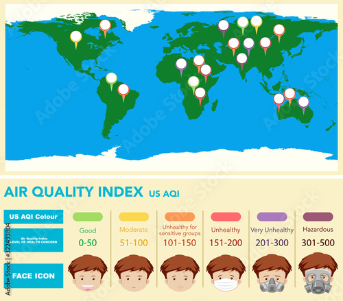 Diagram showing air quality index with world map in background