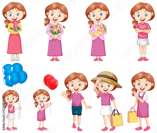 Set of happy girl in pink doing different activities