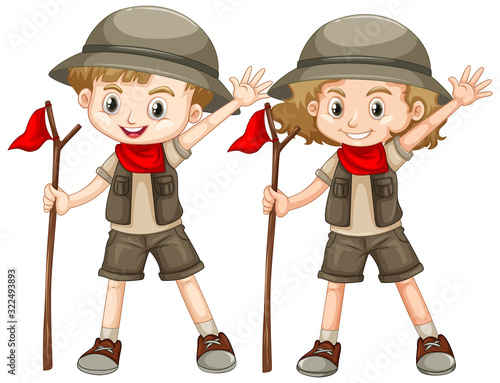 Boy and girl in safari outfit with red flag