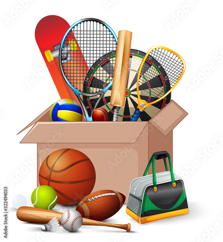 Cardboard box full of sport equipments on white background
