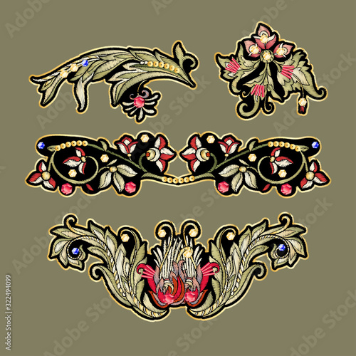 Fantasy flowers in retro, vintage, jacobean embroidery style. Embroidery imitation with beads and sequins. Vector illustration.