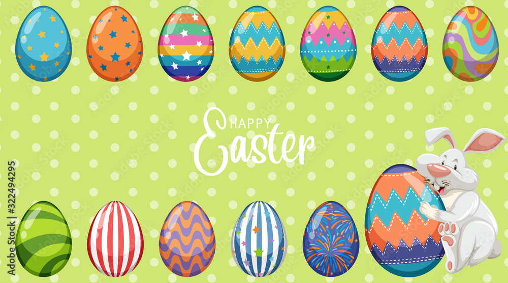 Poster design for easter with easter bunny and painted eggs Poster design for easter with easter bunny and painted eggs