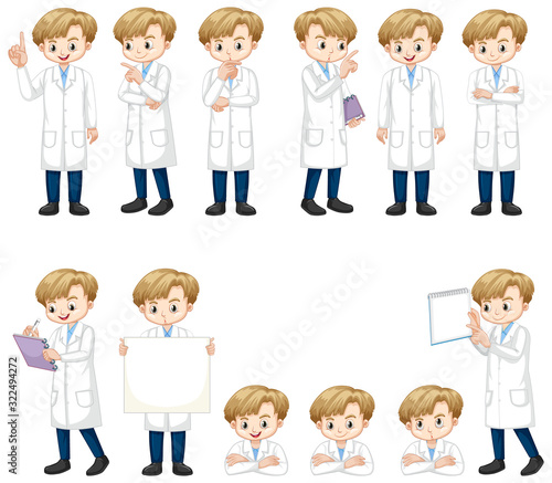 Set of boy in science gown doing many actions