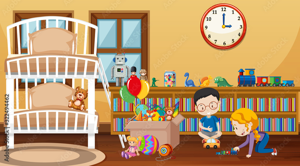 Obraz premium Scene with two kids playing toys in the bedroom