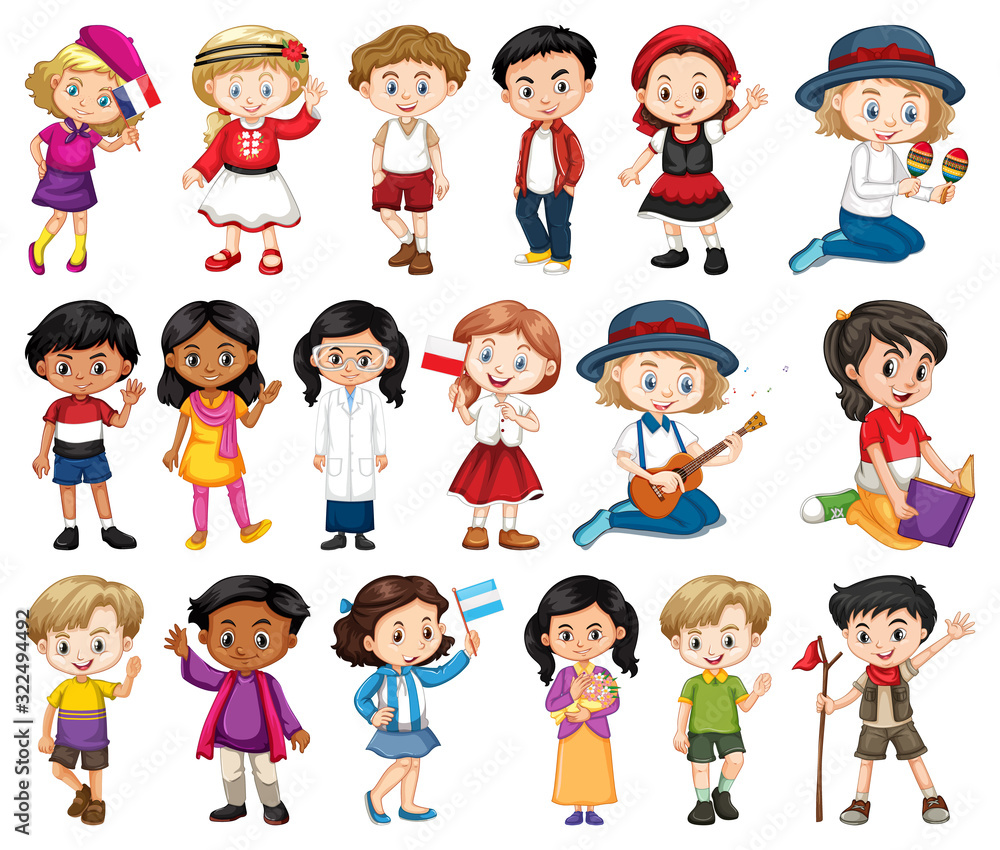 Large set of boys and girls doing different activity on white background Large set of boys and girls doing different activity on white background