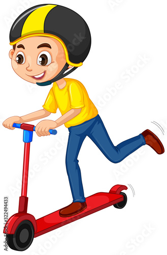 Boy playing scooter on isolated background