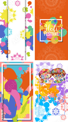 Four frame designs for Holi festival with colorful watercolor paints background