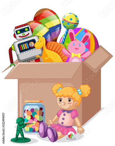 Cardboard box full of toys on white background