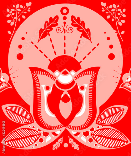 Traditional Russian red pattern with flowers, leaves. Russian nature illustration.