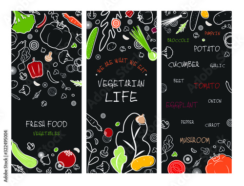 Vegetarian vegan slogan. Vegetables background. Organic healthy food. Menu leaflet flyer template
