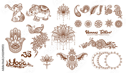 Set of elements for design in mehendi, traditional indian henna style. Ethnic style compositions. Floral ornaments and mandalas. Vector illustration.. photo