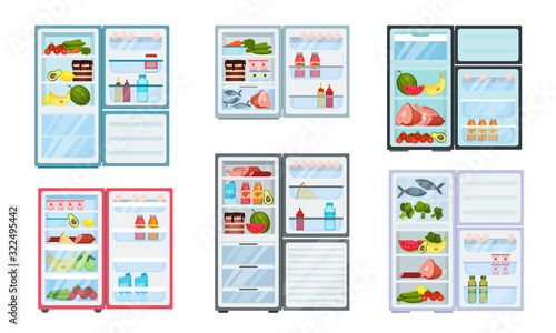 Open Refrigerator with Fresh Food Inside Vector Set