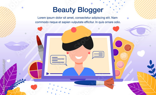 Beauty Blogger Web Page, Social Network Profile of Channel on Video Hosting Banner, Poster. Woman Conducting Makeup Seminar, Making Workshop Online, Promoting Cosmetics Trendy Flat Vector Illustration