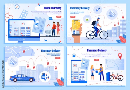 Pharmaceutical Goods Online Store, Medicines Delivery Service Trendy Flat Vector Web Banners, Landing Pages Set. Courier Delivering Order with Car and Bicycle, People Shopping in Internet Illustration