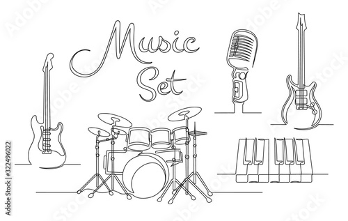 Set of continuous one line drawing of a musical instruments