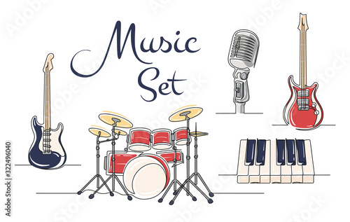 Set of continuous one line drawing of a musical instruments
