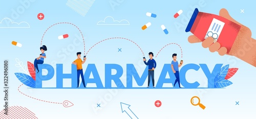 Pharmacy Word Letters Flat Ad Poster. Tiny People Using Drugstore Mobile Application for Pharmaceutical Drugs Pills for Treatment Order  Payment and Delivery Online. Healthcare Industry