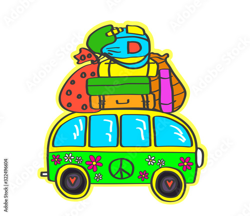 Hippie bus and suitcases on a white background. Cartoon. Vector illustration.