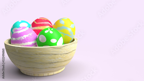 Easter eggs in wood bowl 3d rendering for holiday content. photo