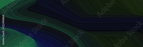 surreal designed horizontal banner with very dark green, black and dark slate gray colors. dynamic curved lines with fluid flowing waves and curves