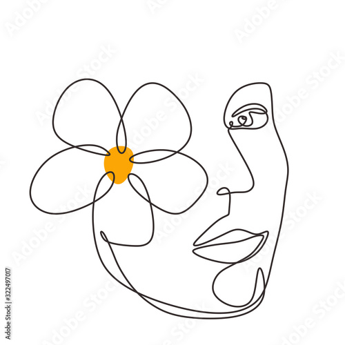 woman face with plumeria flower art. Continuous abstract hand drawn minimalism line drawing.