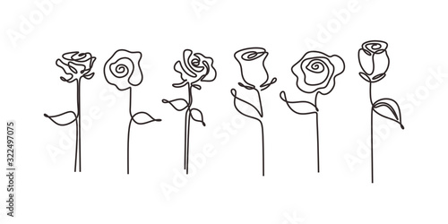 Set of rose flowers continuous line drawing. Contour single one hand drawn minimalism pack collections.