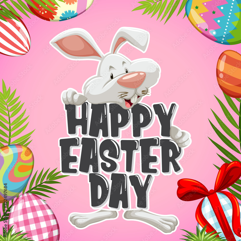 Fototapeta premium Poster design for easter with easter bunny and decorated eggs