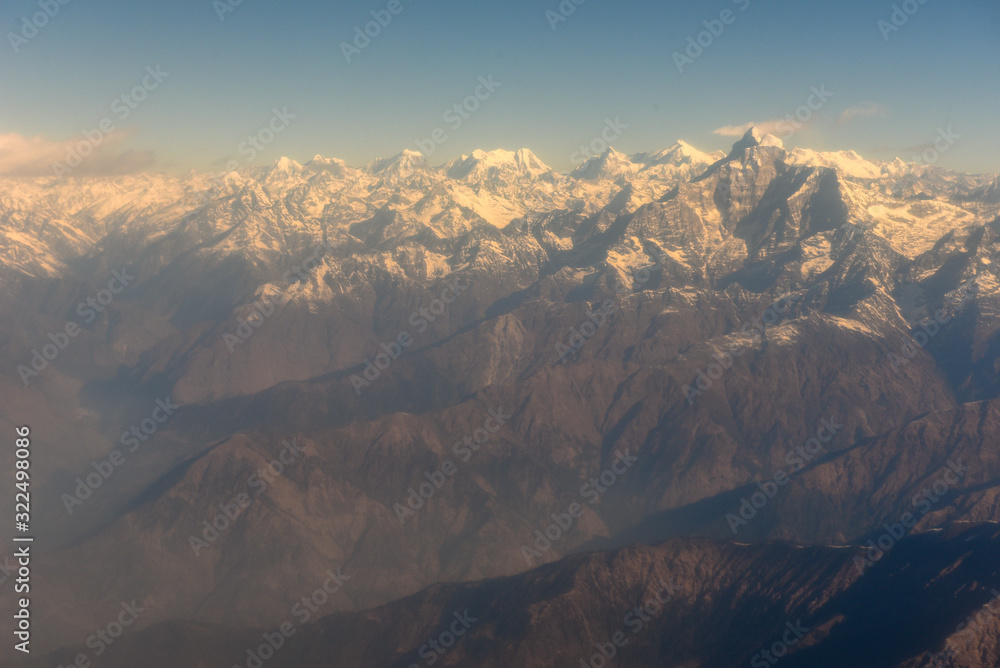 Himalayas ridge with Mount Gaur Shankar aerial view from Nepal country side