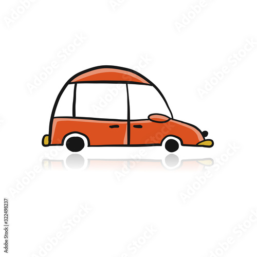 Retro red car, isolated on white. Sketch for your design