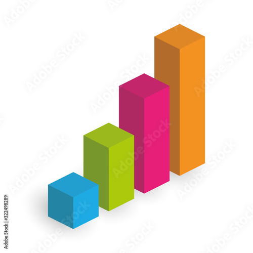 Bar chart of 4 growing columns. 3D isometric colorful vector graph. Economical growth, increase or success theme
